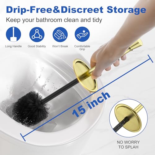 Toilet Brush and Holder Set：304 Stainless Steel Heavy Duty Toilet Bowl Brush，Removable Inner Bowl and Splash Protection，Bathroom Toilet Brush-Dense Bristles for Through Cleaning - color: Bright Gold