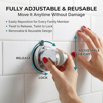 Shower Head Holder, No Drill Strong Suction Cup Shower Head Bracket, Adjustable Height & Angle Wall Mount for Handheld Showerhead, Reusable Tool-Free