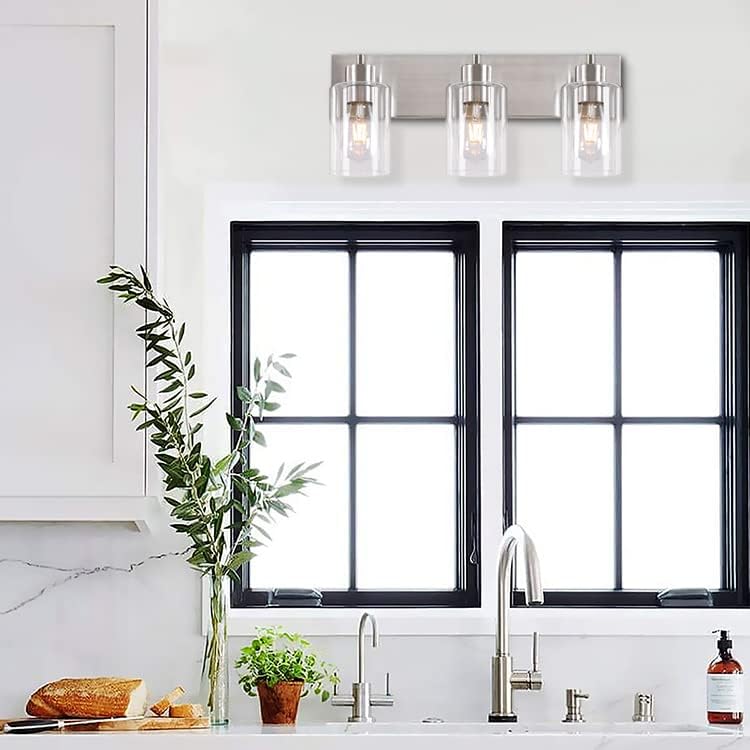 3-Light Bathroom Vanity Light Fixtures,Modern Wall Sconces,Bathroom Lights Over Mirror,Wall Mounted Lamp for Kitchen Living Room Bedroom Hallway,Brushed Nickel Finish with Clear Glass Shade | Brushed Nickel Metal Frame,Up/Down Wall Mount,cylinder Glass Sh