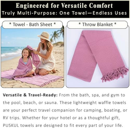 PÜSKÜL 2-Piece Luxury Natural 100% Turkish Cotton Beach Towels Waffle Weave | Light Pink, Oversize 35x70" Bath Sheet Towel Lightweight Soft Absorbent Quick-Dry Sand-Free Peshtemal Oeko-Tex Made in Turkey - color: Light Pink