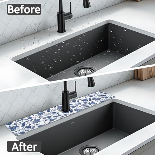 24" X 5.5" Kitchen Sink Splash Guard Faucet Mat Flora Super Absorbent Fast Drying Faucet Guard & Draining Mat Sink Splash Guard Behind Faucet for Kitchen, Bathroom - size: 24" x 5.5"