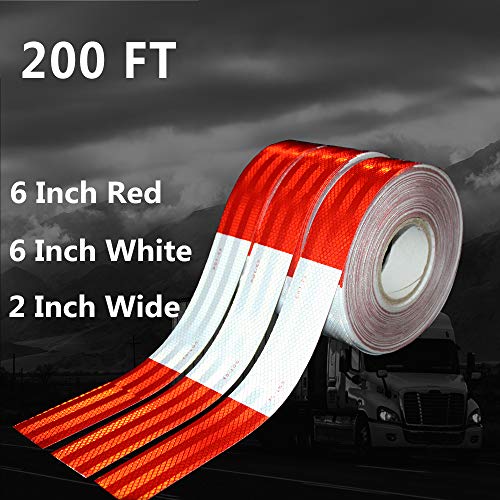 WAENLIR 2 inch x 200 Feet Dot Reflective Tape Outdoor Waterproof High Visibility Safety Tape, Red and White Adhesive Conspicuity Tape for Trailer, Cars, Trucks, Cinta reflectiva para camiones