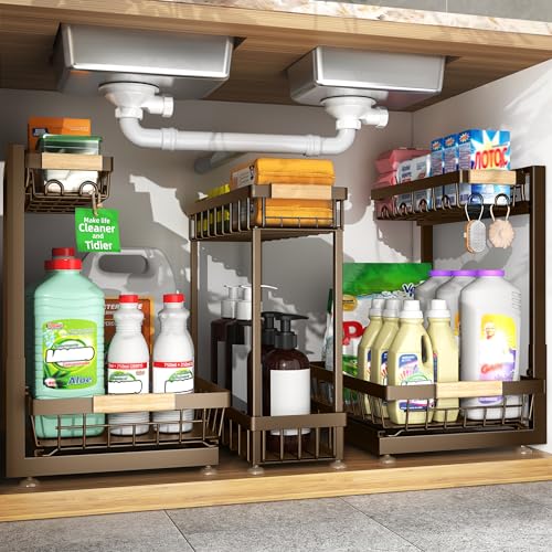 3-Pack 2-Tier Height Adjustable Under Sink Organizer, Brown | Multi-purpose metal storage shelf with sliding shelves for kitchen, bathroom, pantry & laundry cabinet - color: Brown