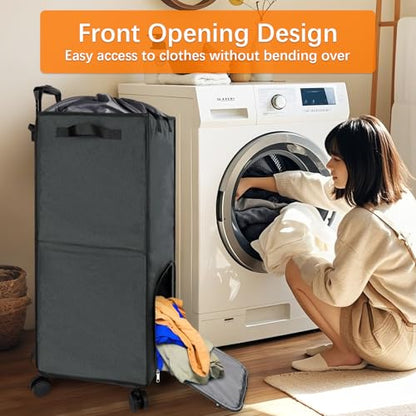 Bukere Extra Large 2 in 1 Rolling Laundry Basket with Wheels, 110L Freestanding Collapsible Laundry Hamper Bag with Removable Wheeled Cart for Clothes Storage College Dorm Apartment Laundry Room