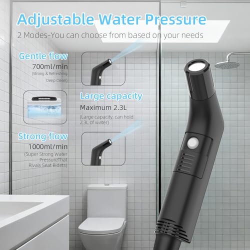 Portable Bidet for Travel with Soft and Strong Water Pressure Modes, USB-C Rechargeable Travel Bidet, Large 2.3L Water Tank for Home and Camping Use (Black) - color: Black