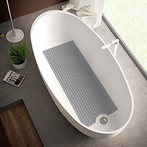 DEXI Bathtub Mat Non Slip, 39x16 Bath Tub Shower Floor Bathroom Mats Grey | Extra Long Suction Cups, Drain Holes, Machine Washable for Tub Shower Floor Bathmat - color: Gray