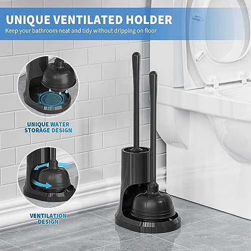Toilet Plunger and Brush, Bowl Brush and Heavy Duty Toilet Plunger Set with Holder, 2-in-1 Bathroom Cleaning Combo with Modern Caddy Stand for for 5.7-inch Toilet Drain Bathroom Cleaning - color: Black