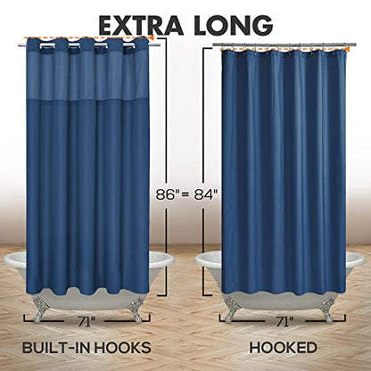 River Dream Extra Long No Hook Shower Curtain with Snap-in Liner, Navy | 71W x 86H, Snap on/off Waterproof PEVA Liner, See Through Top Window, Slub Textured, XL Hotel Style Shower Curtain Set - color: Navy, size: 71"W x 86"L (Pack of 1)