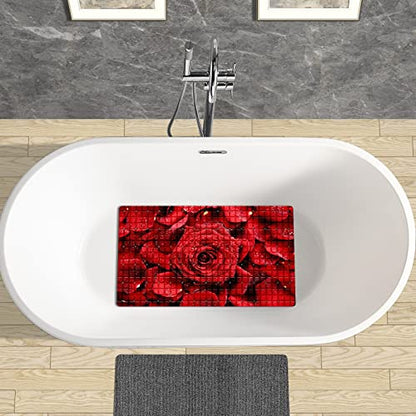 Bath Tub Mat Non Slip Shower Mat Romantic Red Rose Flower Lover Extra Long Bathtub Mat 26.8x15 inches Bathroom Bath Mat with Suction Cups Drain Holes Machine Washable - color: Romantic Red Rose Flower Lover