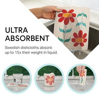 Swedish Wholesale Dishcloths Reusable 8" x 7" Sponge Cloths, Bulk 10 Pack of High Absorbent Cellulose Dish & Kitchen Cleaning Hand Towels, Wring to Dry & Machine Wash, Odor Resistant, Red Flower - color: Red Flower