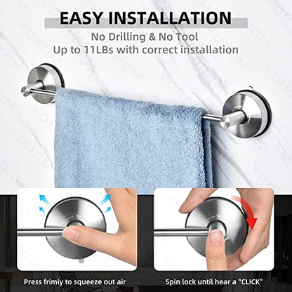 YOHOM Suction Cup Towel Bar for Shower 17 Inch Stainless Steel Bathroom Towel Rack Suction Washcloth Holder Vacuum Hand Towel Bar for Glass Shower Door Removable Towel - color: 17inch-silver