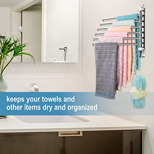 6-Arm Swivel Towel Bar, 180°Rotating Towel Rack Wall Mounted, 304 Stainless Steel Rustproof Heavy Duty Towel Holder for Bathroom Kitchen Laundry Room, Space Saving, Brushed Nickel Finish - color: Silver, size: 6 Arms