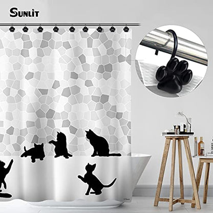 Sunlit Fashion Design Cute Paw Print Polished Shower Curtain Hooks for Dog Cat and Bear, Rust Proof Oil Metal Shower Curtain Rings, Black-12 Pack - color: Black