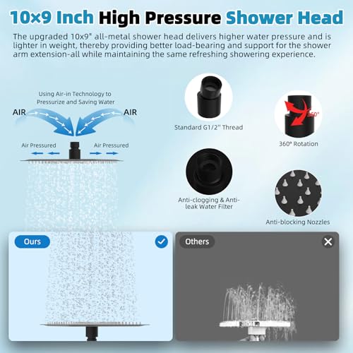 Hibbent 10'' Rainfall Shower Head with 4-mode Handheld Spray, Matte Black | cUPC Certified High Pressure Showerhead Combo, 12'' Adjustable Extension Arm, Extension Bar, Easy Reach Holder, 71'' Hose - color: Matte Black, style: Square 10''