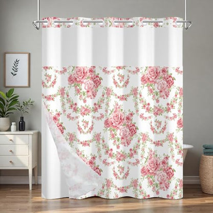No Hook Shower Curtain and Liner Set, Pink Roses Girls Shower Curtain No Hooks with Snap in Liner and Mesh Top Window, Double-layer Waterproof Fabric Shower Curtains for Bathroom with Weighted Hem - color: Rose Garden