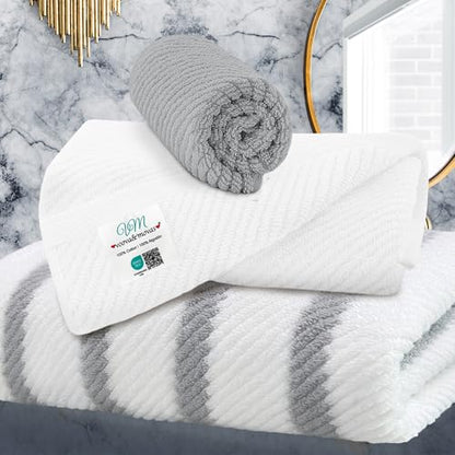 VOOVA & MOVAS Stripe 3PC Towel Set, 100% Cotton, Grey | 1 Stripe Large Bath 30x54 In,1 White Hand 18x28 In,1 Grey Washcloth 13x13 In, Quick Dry, Thick, Dorm Room Essentials - color: Grey+white Stripe, size: 3 PC Bathroom Towel Set