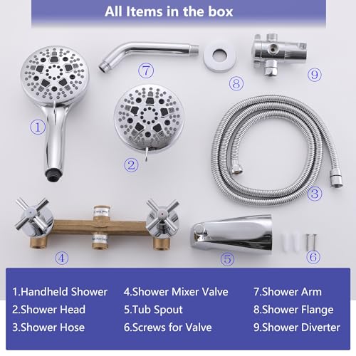 2 Handle Shower Faucet Set Tub Spout Chrome Shower Trim Kit Valve | 9 Modes Hand Shower, 7 Modes Shower Head, Dual Head Work independently /Work Together, Brass Valve, NPT 1/2" US Connection - color: Chrome, style: Style B
