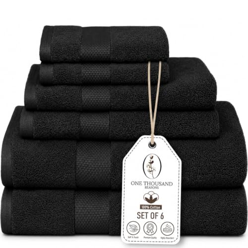 Premium Staple Cotton Bathroom Towel Set - Black 600 GSM 6-Piece Luxury Bath Towel Set 1 Stripe - 2 Bath Towels, 2 Hand Towels & 2 Washclothes Set - High Absorbent & Quick Dry for Gym, Spa, Hotel - color: Black - 1 Stripe
