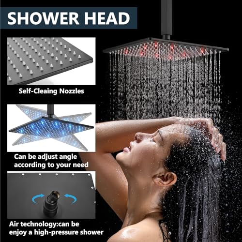 Aolemi Ceiling Shower Faucet Set with Handheld 10" LED Head Matte Black | Handheld Spray,10 Inch Rain LED Head,Shower Valve and Trim Kit,All Metal,Ceiling System,Bathroom Mixer - color: Black, size: 10 Inch LED Shower Head