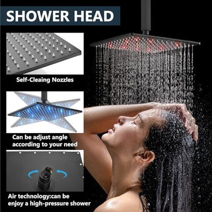 Aolemi Ceiling Shower Faucet Set with Handheld 10" LED Head Matte Black | Handheld Spray,10 Inch Rain LED Head,Shower Valve and Trim Kit,All Metal,Ceiling System,Bathroom Mixer - color: Black, size: 10 Inch LED Shower Head