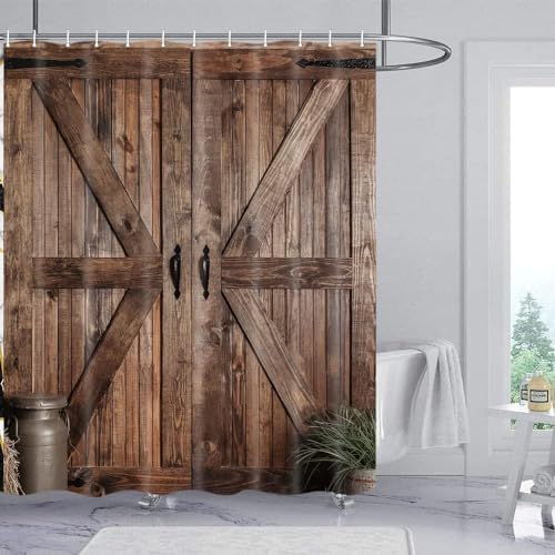 Rustic Barn Door Shower Curtain for Bathroom, Retro Countryside Wood Board Bathroom Decor Curtain Sets, Art Vintage Extra Long Famhouse Western Bath Curtains with Hooks,70X75IN - color: Pattern 1, size: 70"W x 75"L (Pack of 1)