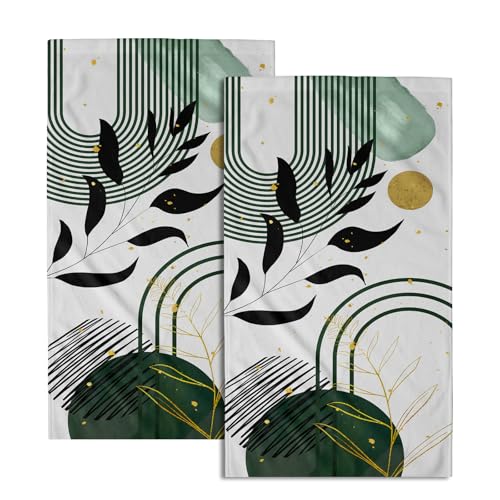 Giwawa Boho Leaf Hand Towel Set of 2 Mid Century Abstract Green Line Sun Face Fingertip Towel Quick Dry Dish Wash Cloth for Hotel Bathroom Gym Home Spa Decor - color: Tropical Leaf Green