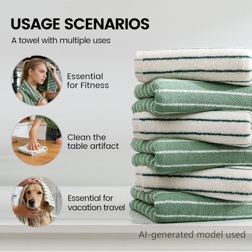 Green Stripe Hand Towels Set of 6，Ultra-Absorbent & Quick-Drying Bathroom Hand Towels 100% Cotton Face Towels, Soft Hand Towels for Bathroom，13” x 29” - color: Green