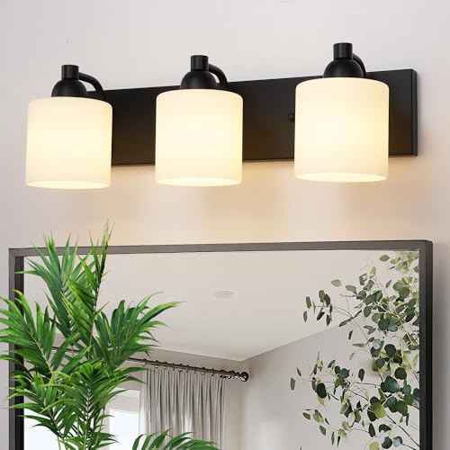 Mecgirn Milk Glass Vanity Lights for Bathroom, 3 Light Matte Black Bathroom Light Fixtures Over Mirror, Ceramic E26 Sockets Wall Mounted - color: Matte Black, size: 3 Light