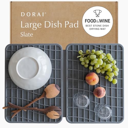 Dorai Home Dish Pad - Collapsable Stone Dish Drying Mat with Diatomaceous Earth for Quick Drying - Ultra Absorbent - Encased in Silicone - Eco-Friendly, Foldable - Large 24.6" x 16.5", Slate - color: Slate, size: Large