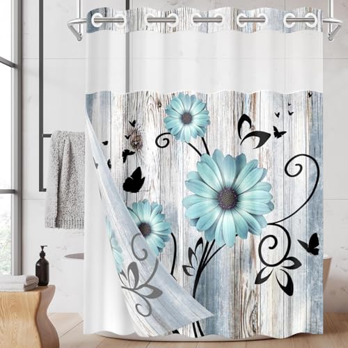 No Hook Shower Curtain with Snap in Liner 71x74 Inch Flower Teal | Rustic Daisy Farmhouse Modern Double Layers Waterproof Fabric with See Through Top Window Open Grommet Bath Curtain - color: Teal Floral, size: 71"W x 74"L (Pack of 1)