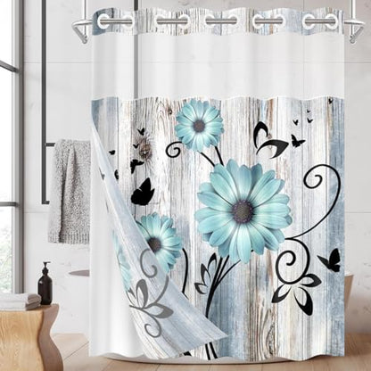 No Hook Shower Curtain with Snap in Liner 71x86 Inch Flower Teal | Rustic Daisy Farmhouse Modern Double Layers Waterproof Fabric with See Through Top Window Open Grommet Bath Curtain - color: Teal Floral, size: 71"W x 86"L (Pack of 1)