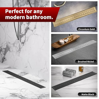Sharp-tec Linear Shower Drain, 36 inch Shower Drain with Removable Pattern Cover, Matte Black 304 Stainless Steel Rectangle Floor Drain, Adjustable Feet and Hair Strainer Included - color: Matte Black, size: 36 inch
