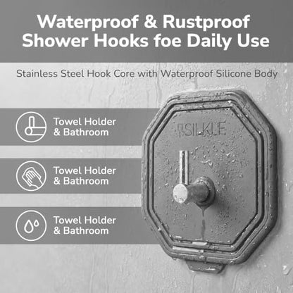 SILKLE Silicone Shower Hooks for Inside Shower, 2-Pack Adhesive Towel Hooks | Adhesive Shower Hooks, No Drill - Razor & Loofah Holders for Shower Wall, Heavy-Duty, Waterproof, Damage-Free - Gray - color: Gray