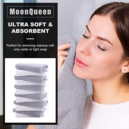 MOONQUEEN Microfiber Facial Cloths Fast Drying Washcloth 12 Pack - Premium Soft Makeup Remover Cloths - Highly Absorbent - color: White-grey, size: 12x12 Inch (Pack of 12)