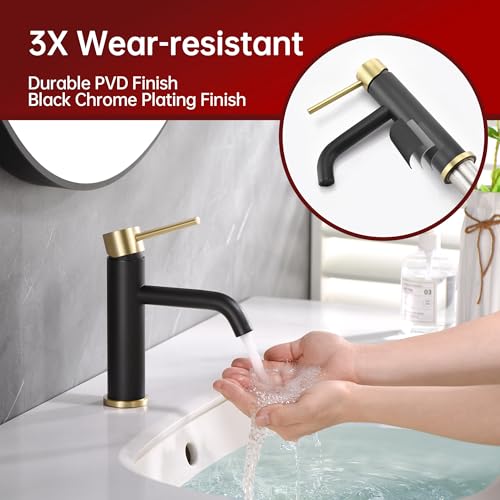 SUMERAIN Modern Single Handle Bathroom Sink Faucet, Black and Gold | Single Hole, Lead-Free, Stainless Steel, with Faucet Supply Lines, Easy DIY Install - color: Black and Gold, size: Undermount Sink faucet