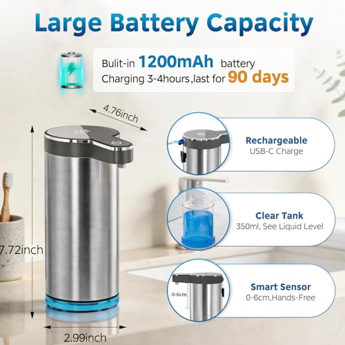 Automatic Liquid Soap Dispenser（IPX5 Waterproof, 12oz/350ml） | Touchless Rechargeable Soap Dispenser for Kitchen & Bathroom, 4 Adjustable Liquid Levels, USB-C - color: St-01 Liquid Gray