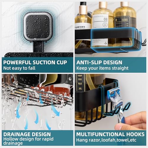 TAILI Shower Caddy Suction Cup Rustproof Metal Shower Shelves Black 2pack | Rustproof,No Drilling Wall Mounted Basket, Upgraded Removable Suction Cup Bathroom Organizer Heavy Duty Shampoo - color: Black 2pack