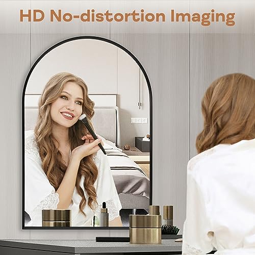 Black Arched Mirror 22x30in, Metal Framed Bathroom Vanity Wall | Tempered Glass, Shatter Proof, Living Room Bedroom Entryway, Modern Elegant Design - color: Black, size: 30"L x 22"W, style: Arched