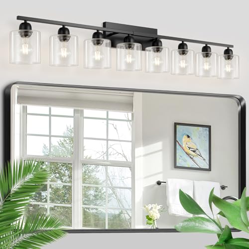 Modern 8 Light Bathroom Light Fixtures, 52 inch Vanity Lights for Bathroom with Clear Glass, Black Bathroom Light Fixture for Mirror Kitchen Living Room Hallway Cabinet Porch - color: Black & Clear Glass, size: 8-Light