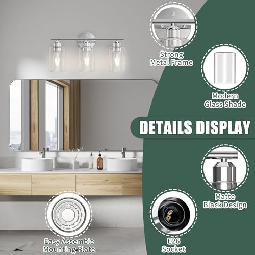 Bathroom Vanity Light Fixtures Polished Chrome Bathroom Lighting Fixture, 3 Lights Bathroom Light Fixture Over Mirror, Modern Black Vanity Light, Wall Sconces with Glass Shades - color: Polished Chrome, size: 3 Lights