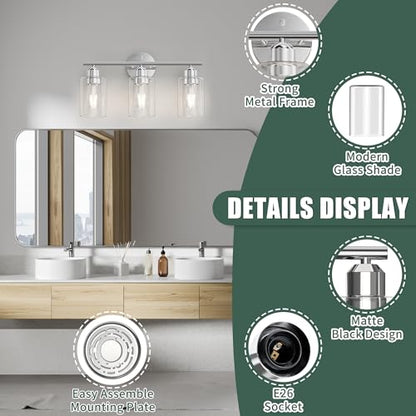 Bathroom Vanity Light Fixtures Polished Chrome Bathroom Lighting Fixture, 3 Lights Bathroom Light Fixture Over Mirror, Modern Black Vanity Light, Wall Sconces with Glass Shades - color: Polished Chrome, size: 3 Lights