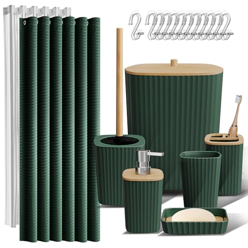 Clara Clark Bathroom Set, Shower Curtain Set, Bathroom Accessory Set | 20 Piece Hunter Green Bathroom Accessories Set with Toothbrush Holder, Soap Dispenser, Soap Dish, Toilet Brush, and Trash Can - color: Hunter Green, size: Complete Set