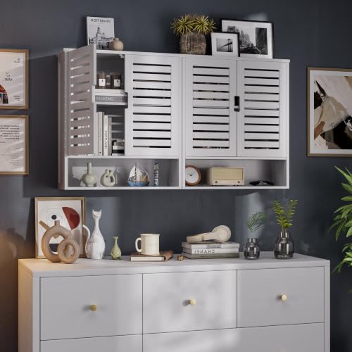 SMIBUY Bathroom Cabinet Wall Mounted, Bamboo Over-The-Toilet Storage Organizer, Space Saver Medicine Cabinet with 2 Door and Adjustable Shelves (White) - color: White