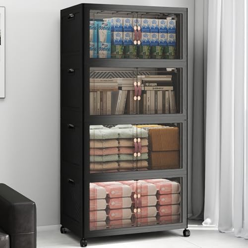 UAMFURI Stackable Storage Bins with Lids, 480QT Lockable Storage Cabinet | Folding Storage Box with Doors and Wheels, Collapsible Plastic Drawers for Home, Garage, Office - color: Black, size: Large