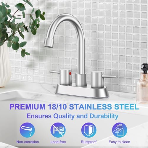 Bathroom Faucet for 3 Hole Brushed Nickel, Herogo 4 Inch 2-Handle Bathroom Sink Faucet with Pop-Up Drain and Supply Hoses, 18/10 Stainless Steel Faucets for RV Vanity - color: Brushed Nickel, style: Round Handles