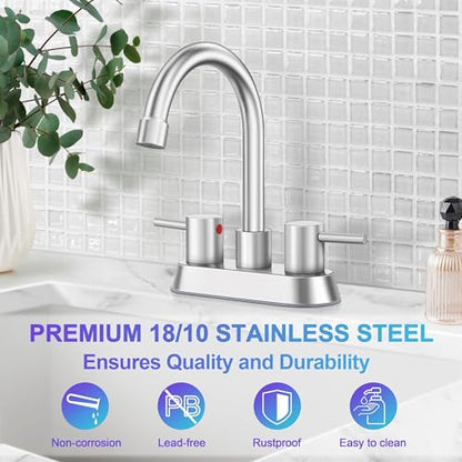 Bathroom Faucet for 3 Hole Brushed Nickel, Herogo 4 Inch 2-Handle Bathroom Sink Faucet with Pop-Up Drain and Supply Hoses, 18/10 Stainless Steel Faucets for RV Vanity - color: Brushed Nickel, style: Round Handles