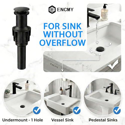 Bathroom Sink Drain Without Overflow- Matte Black Pop up Drain for Bathroom Vanity Vessel Sink Drain Stopper - Anti-clog Pop-up Plastic Drain with Hair Catcher Strainer - color: Matte Black