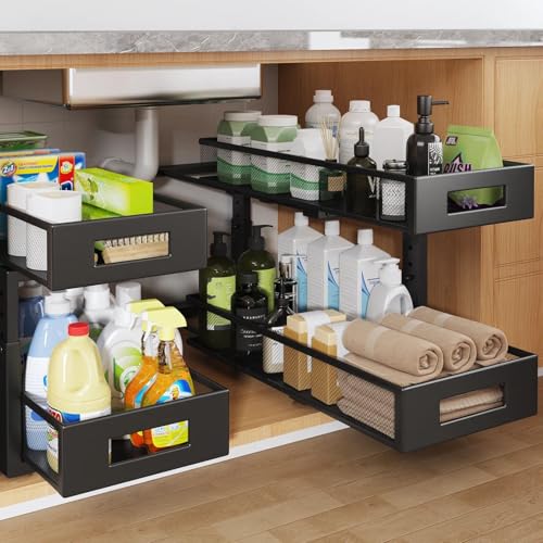 2 Packs 21IN Depth Under Sink Organizer, 2-Tier Pull Out Cabinet Organizer With Smooth Circular Rail, Large Capacity Metal Mesh Sliding Drawers For Bathroom& Kitchen Storage,Height Adjustable-Black - color: Black, size: 2 Pack-21"Dx11.6"-16.7" H