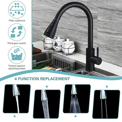 Kitchen Faucet Replacement with Pull Down Nozzle and 11 Adapters - 4 Modes (Black) - color: Black
