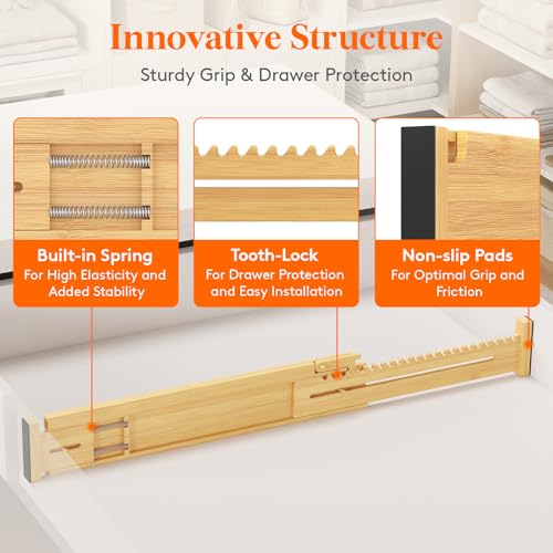 Lifewit 2.36" Kitchen Drawer Dividers, Adjustable Bamboo Drawer Organizers | 5 Pack 14.2"-22" Expandable Drawer Separator for Clothes, Utensils, Dresser, Cabinet, Closet, Nursery Organization & Storage